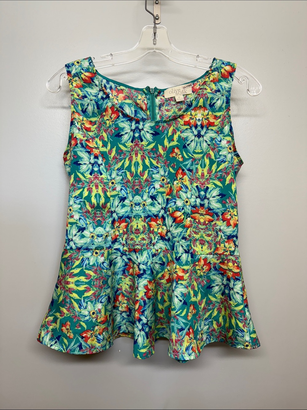Olive & Oak Teal Colorful Floral Peplum Flared Blouse